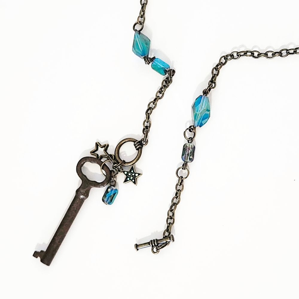 Bronze Antique Key Charm Necklace, Authentic Key, Beaded